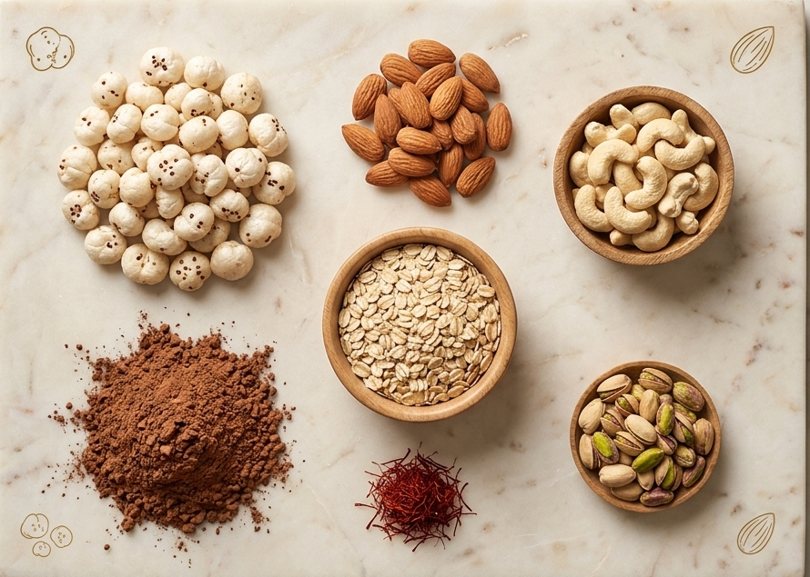Assorted nuts and seeds on a marble surface with 'IceMix' branding.